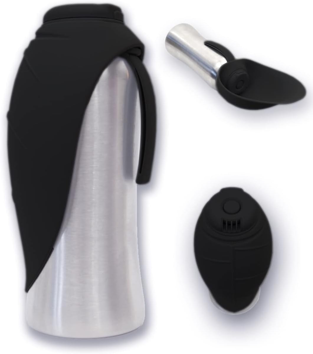 Portable Dog Water Dispenser | Stainless Steel Travel Bottle | Silicone Leaf Shaped Bowl | 27Oz Black