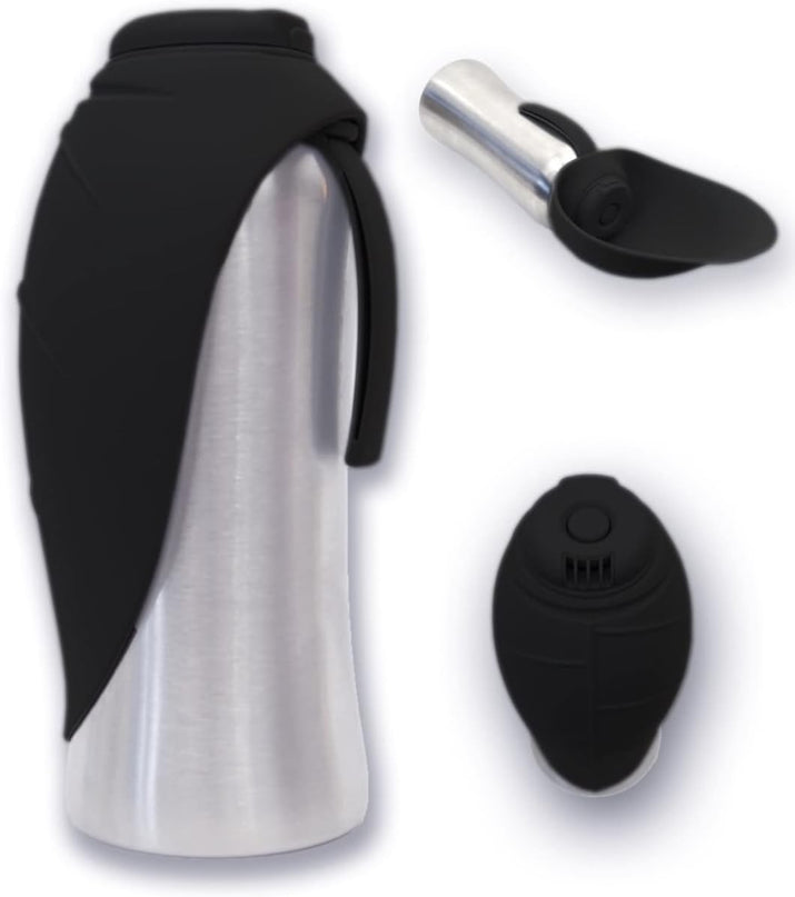 Portable Dog Water Dispenser | Stainless Steel Travel Bottle | Silicone Leaf Shaped Bowl | 27Oz Black