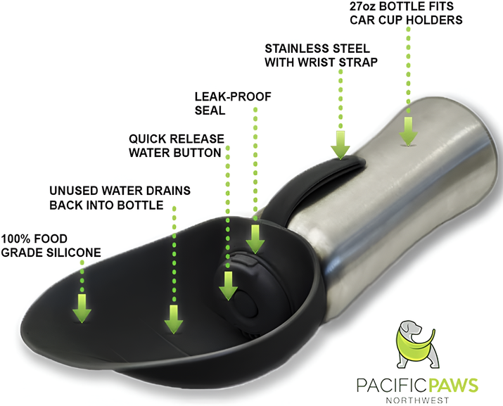 Portable Dog Water Dispenser | Stainless Steel Travel Bottle | Silicone Leaf Shaped Bowl | 27Oz Black